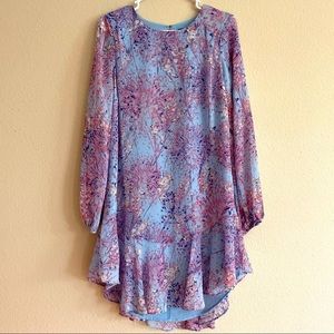 NWOT - light blue & pink floral drop waist short dress long sheer sleeves